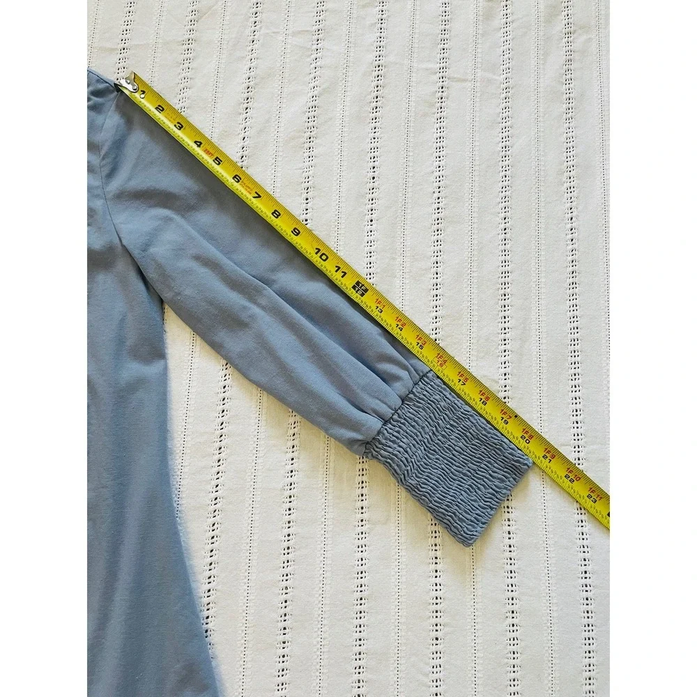 Mila Light Blue Smocked Long Sleeve Tiered‎ MIDI Dress. Size XS. Linen Blend.